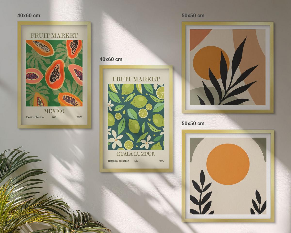BILDER SET 4er Set - 50x50 cm & 40x60 cm Goldrahmen - Boho-Papaya-Fruchtmuster - Goldfarben, Kunststoff (50/50cm) - TULUP