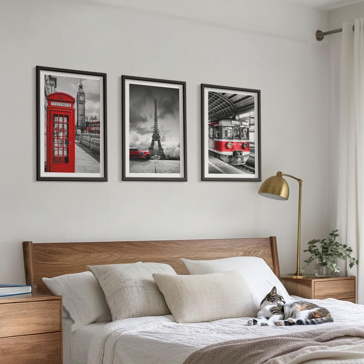 BILDER SET 3er Set - 40x60 cm Schwarzer Rahmen - Ikonen London Paris Verkehr - Schwarz, Kunststoff (40/60cm) - TULUP