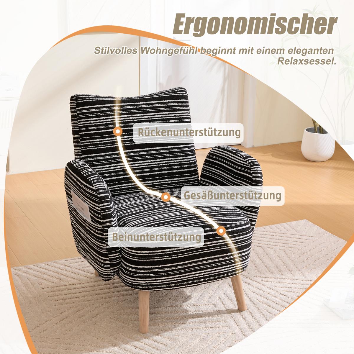 SESSEL boucle stoff modern mit seitentasche holzbeine - Schwarz, Textil (77/87/81cm) - Urban Meuble