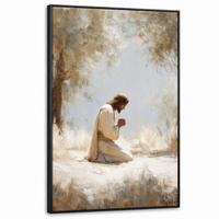 LEINWAND Bilder mit Rahmen - Jesus - Kniend - Waldlandschaft - Betend - 90x140 - Beige, Textil (90/140cm) - MuchoWow