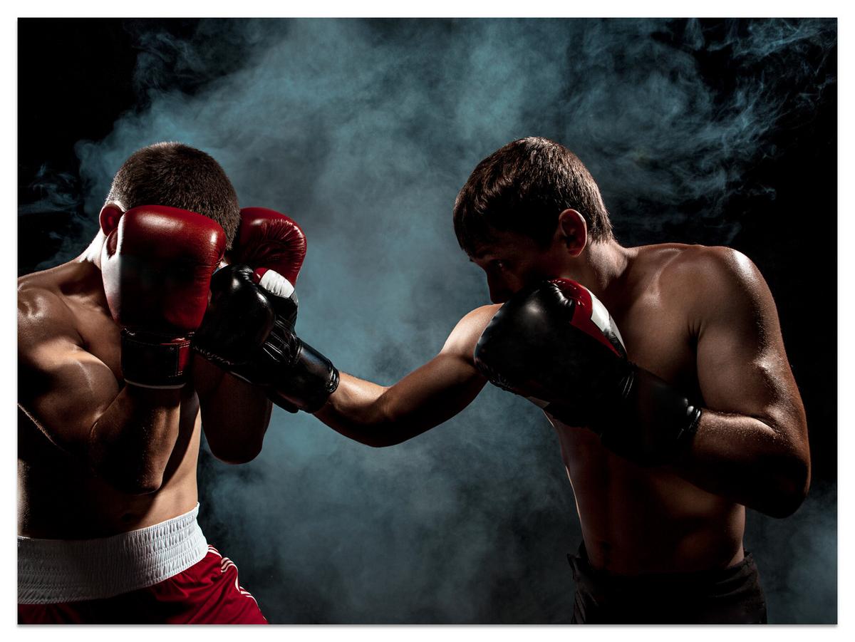 FOTOTAPETE für Jugendzimmer Boxer Männer Training Kampf Rauch 100x70 - Beige/Rot, Papier (100/70cm) - Muralo