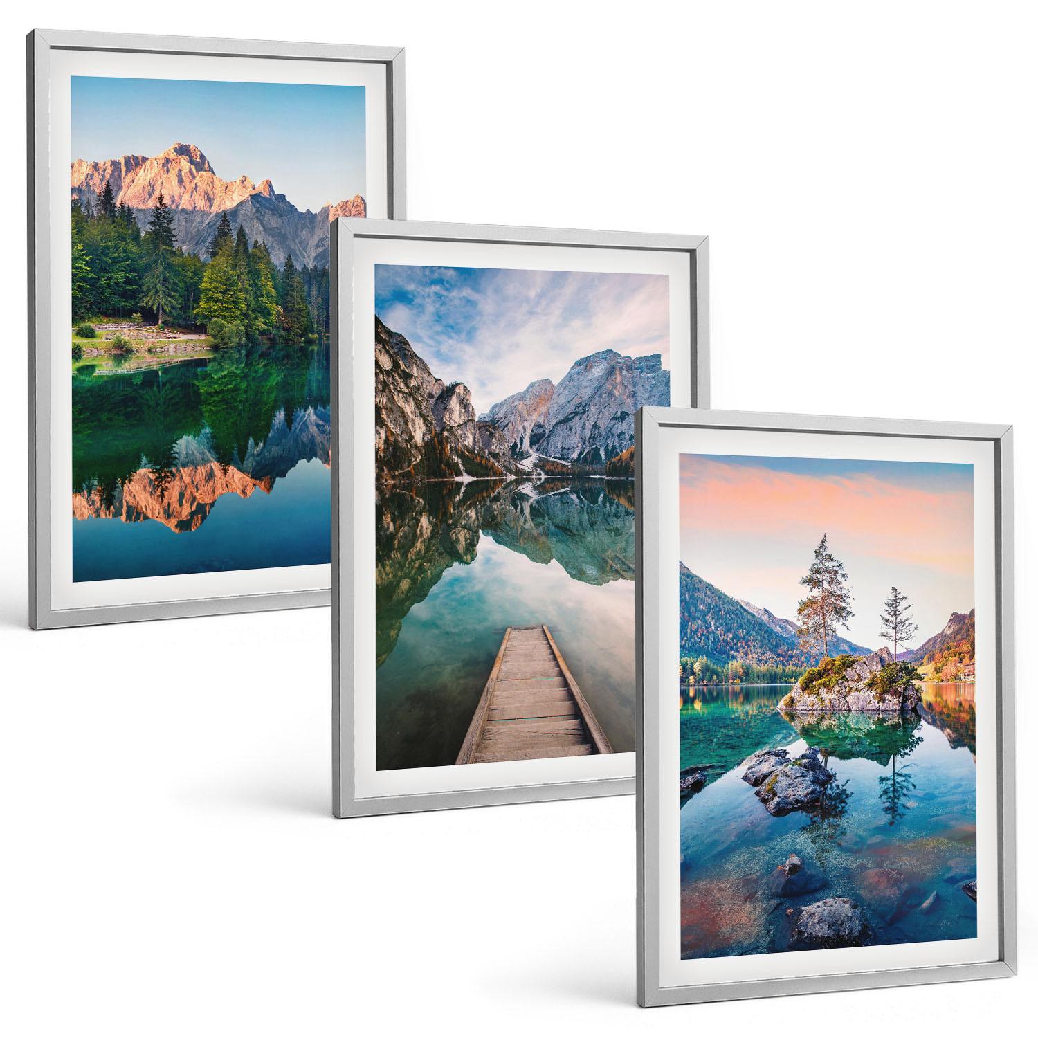 BILDER SET 3er Set - 40x60 cm Silberner Rahmen - Spiegelung des Waldes in Bergseen - Silberfarben, Kunststoff (40/60cm) - TULUP