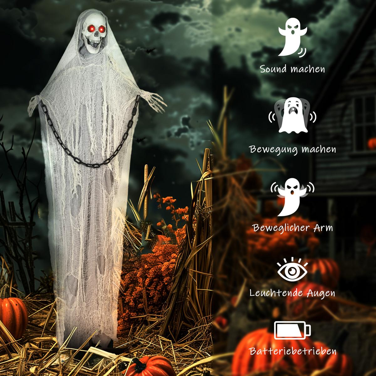 HALLOWEEN-DEKORATION Sensenmann 183 cm mit LED-Lichter, Soundfunktion - Grau, Textil (16/183/70cm) - Outsunny