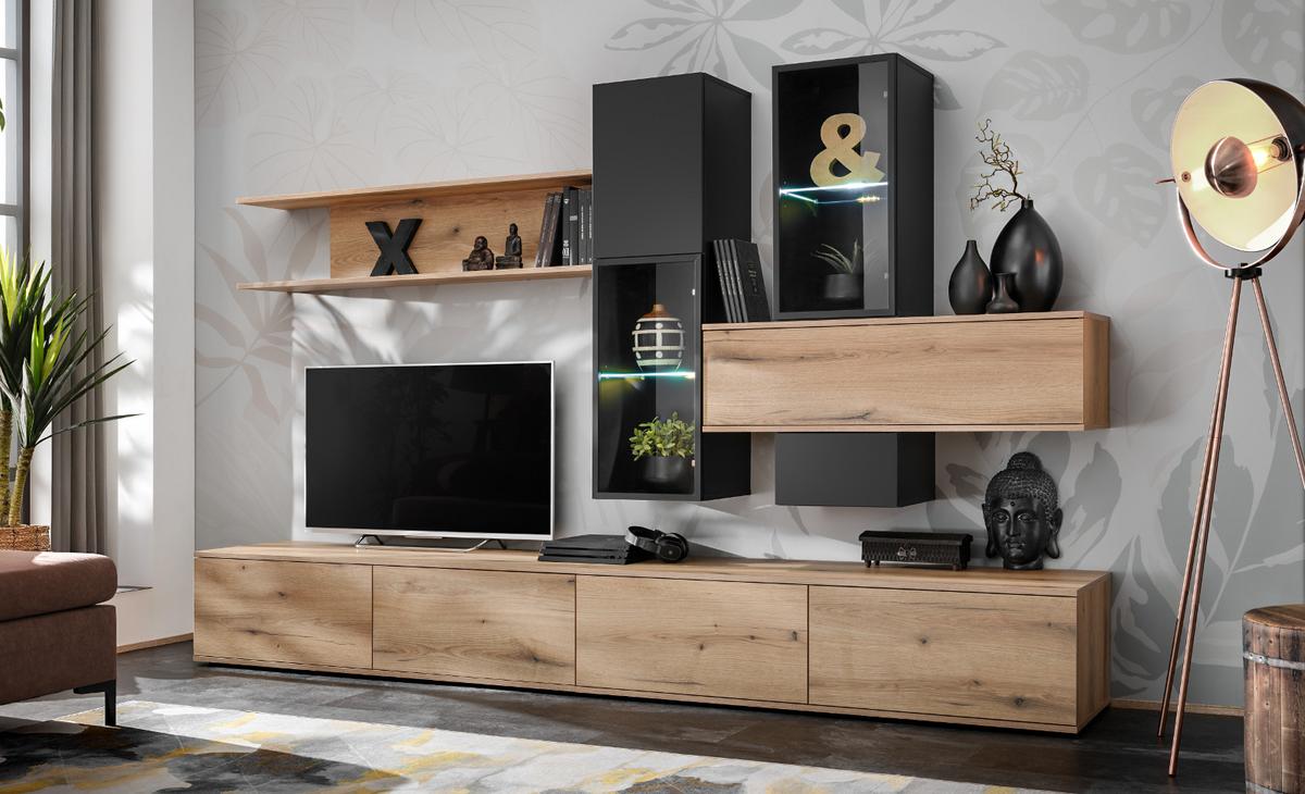 WOHNWAND Eiche, schwarz 280 cm, Schrankwand mit Push-to-Open inklusive Beleuchtung - Eichefarben/Schwarz, Glas/Holzwerkstoff (280/180/45cm) - Furn.Design