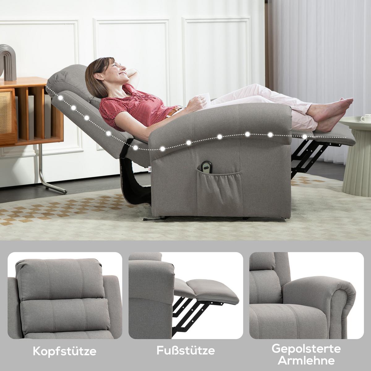 FERNSEHSESSEL mit Aufstehhilfe Relaxsessel mit Liegefunktion, Heizfunktion - Hellgrau/Schwarz, Textil/Metall (87/108/87.5cm) - HOMCOM