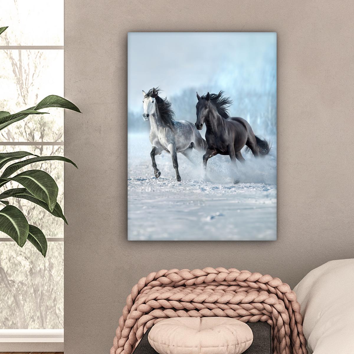 LEINWANDBILD Pferde - Winter - Tiere - Natur - Schnee Wandbild Wohnzimmer 60x80 cm - Anthrazit, Textil (60/80cm) - MuchoWow