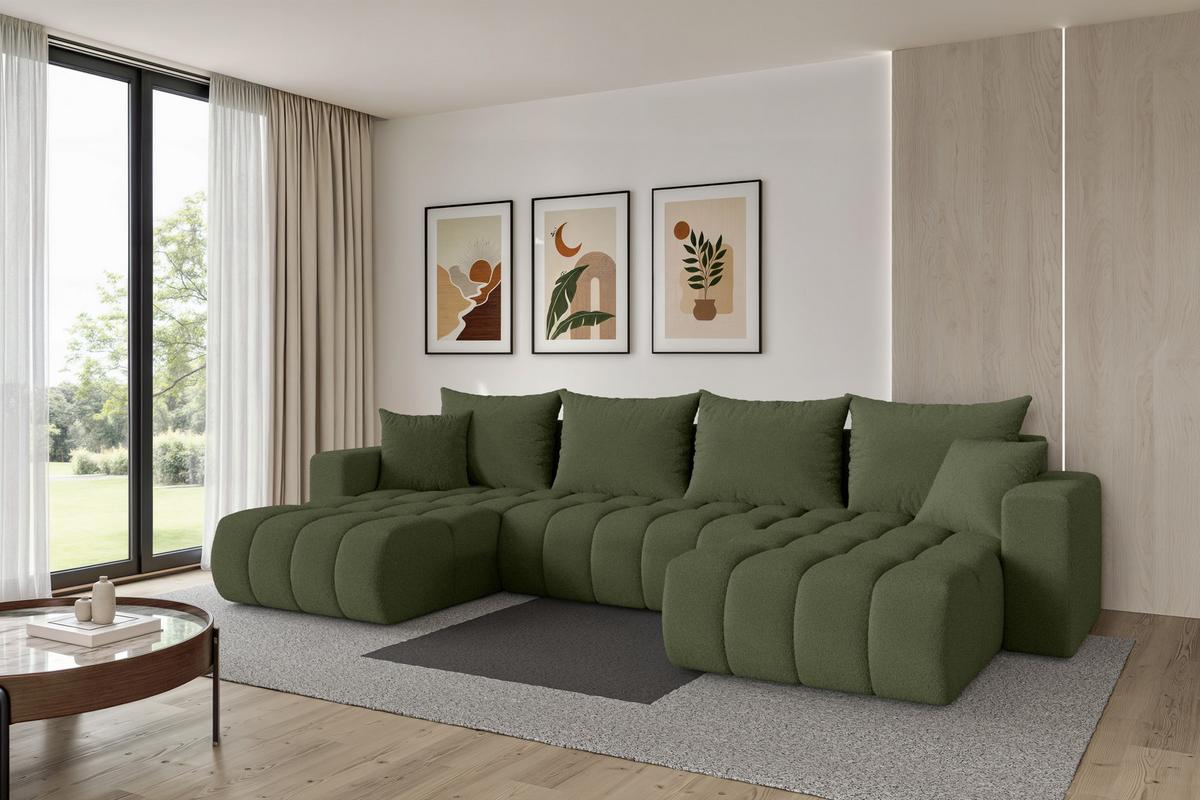WOHNLANDSCHAFT mit Schlaffunktion und Bettkasten MILA-U-v1 378x194x86 Grün Bouclé - Schwarz/Olivgrün, Holzwerkstoff/Kunststoff (378/86/194cm) - ALTDECOR