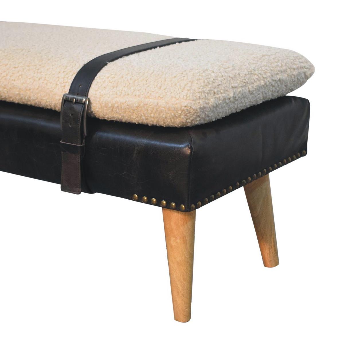 BANK Bouclé Büffelleder Schwarz, Gürtelriemen-Design, Braun - Braun, Holz (90/40/35cm) - Artisan Furniture