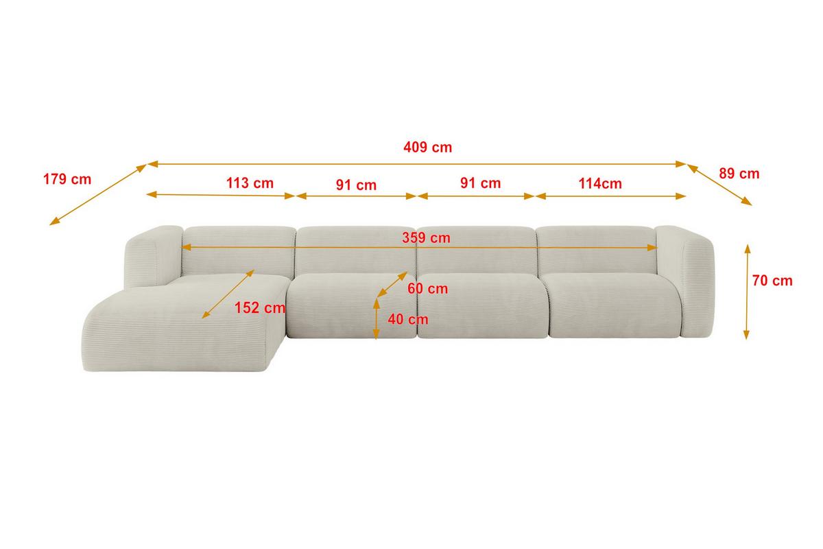 ECKSOFA Ottomane Links MIRA-L3 409x179x70 Creme Cord - Ecru/Creme, Holzwerkstoff/Kunststoff (409/179cm) - ALTDECOR