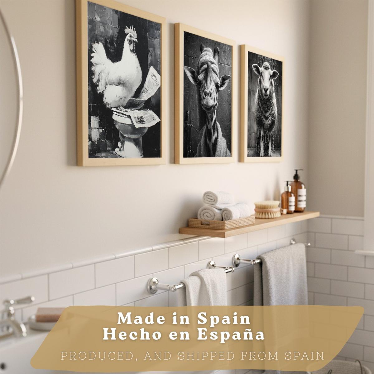 POSTER 3er-Set lustige Schwarz-Weiß-Drucke, Tiere im Badezimmer-Poster, witzige WC-Dekoration für Toilette, Vintage-Stil Leichter Holzrahmen A3 - Beige, Papier (42/29.7/3cm) - Nacnic