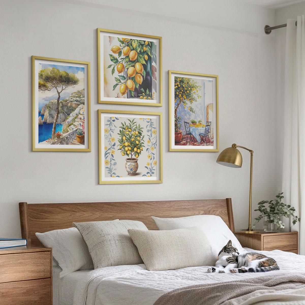 BILDER SET 4er Set - 50x50 cm & 40x60 cm Goldrahmen - Zitronenbäume am Meer - Goldfarben, Kunststoff (50/50cm) - TULUP