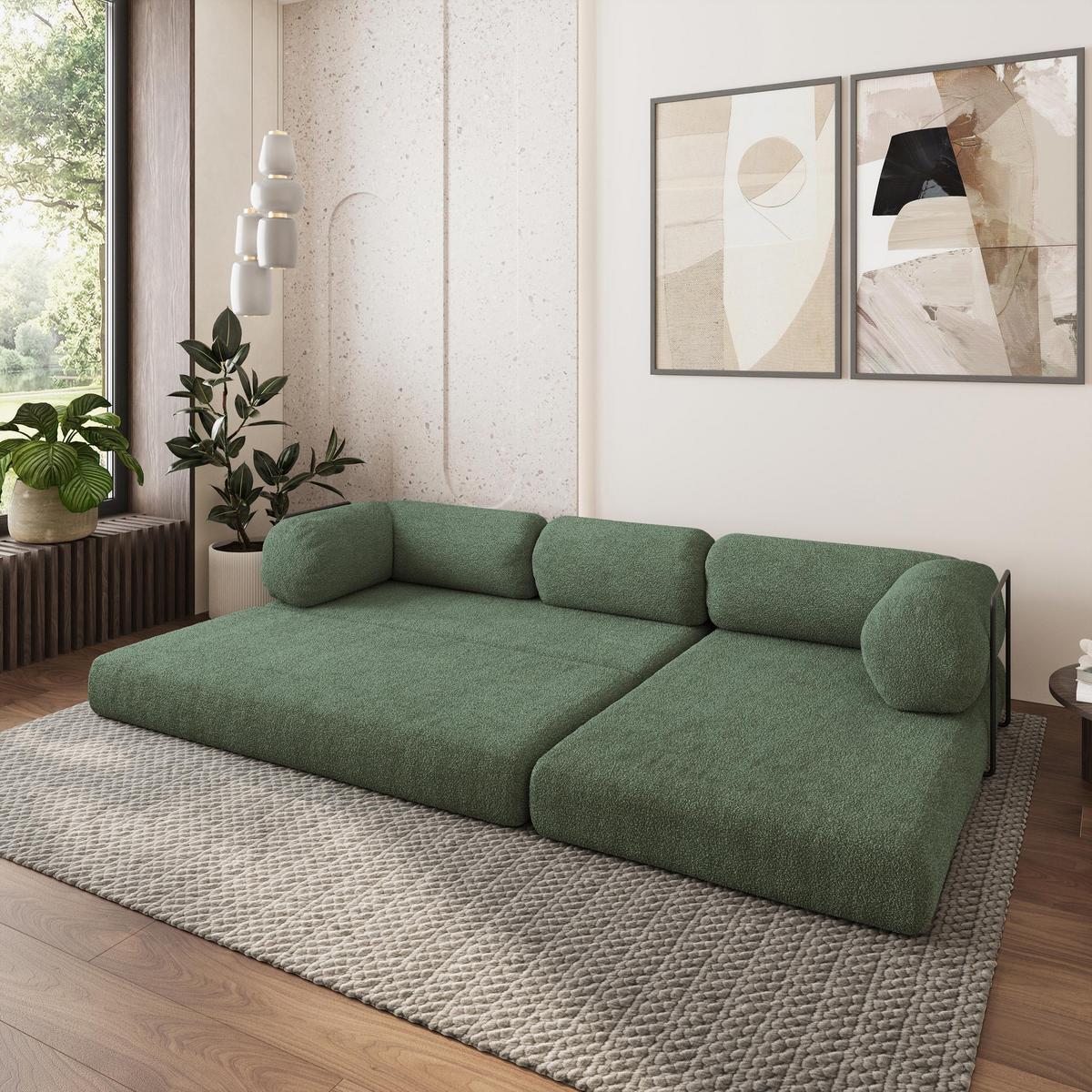 ECKSOFA KELI modulares Boneless Sofa mit Schlaffunktion Grün Boucle-Stoff - Grün, Textil (270/160cm) - MASSENO