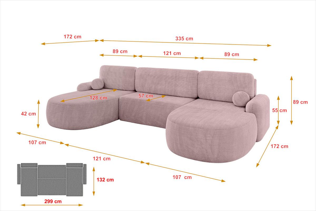 WOHNLANDSCHAFT mit Schlaffunktion und Bettkasten LIRA-U - 335x172x89 Rosa - Rosa, Holzwerkstoff/Textil (335/89/172cm) - ALTDECOR