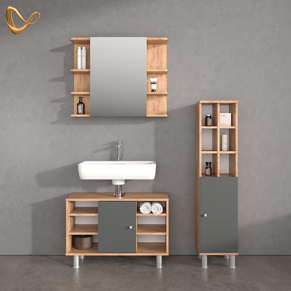 BADMÖBEL-SET Fucino Eiche 3 Teile, mit Midischrank Tür groß - Eichefarben, Holzwerkstoff (80/54/32cm) - Livinity®