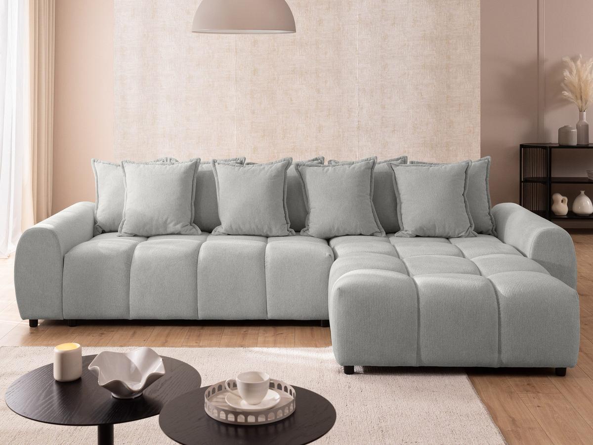 ECKSOFA Bubble mit losen Rückenkissen und Sitzfläche in Bubble-Optik aus weichem Hellgrau Strukturstoff mit schöner Sitzkomfort - Ottomane rechts - Hellgrau/Schwarz, Holz/Kunststoff (306/180cm) - S-Style Möbel