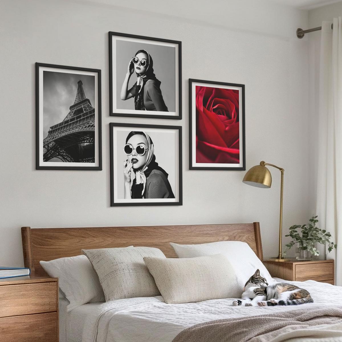 BILDER SET 4er Set - 50x50 cm & 40x60 cm Schwarzer Rahmen - Pariserin mit Eiffelturmbrille - Schwarz, Kunststoff (50/50cm) - TULUP