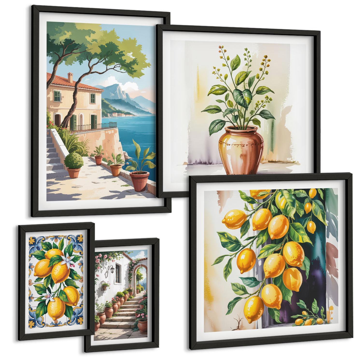 BILDER SET 5er Set - 50x50 cm & 20x30 cm & 40x60 cm Schwarzer Rahmen - Zitrusbaum im Fenster am Meer - Schwarz, Kunststoff (40/60cm) - TULUP