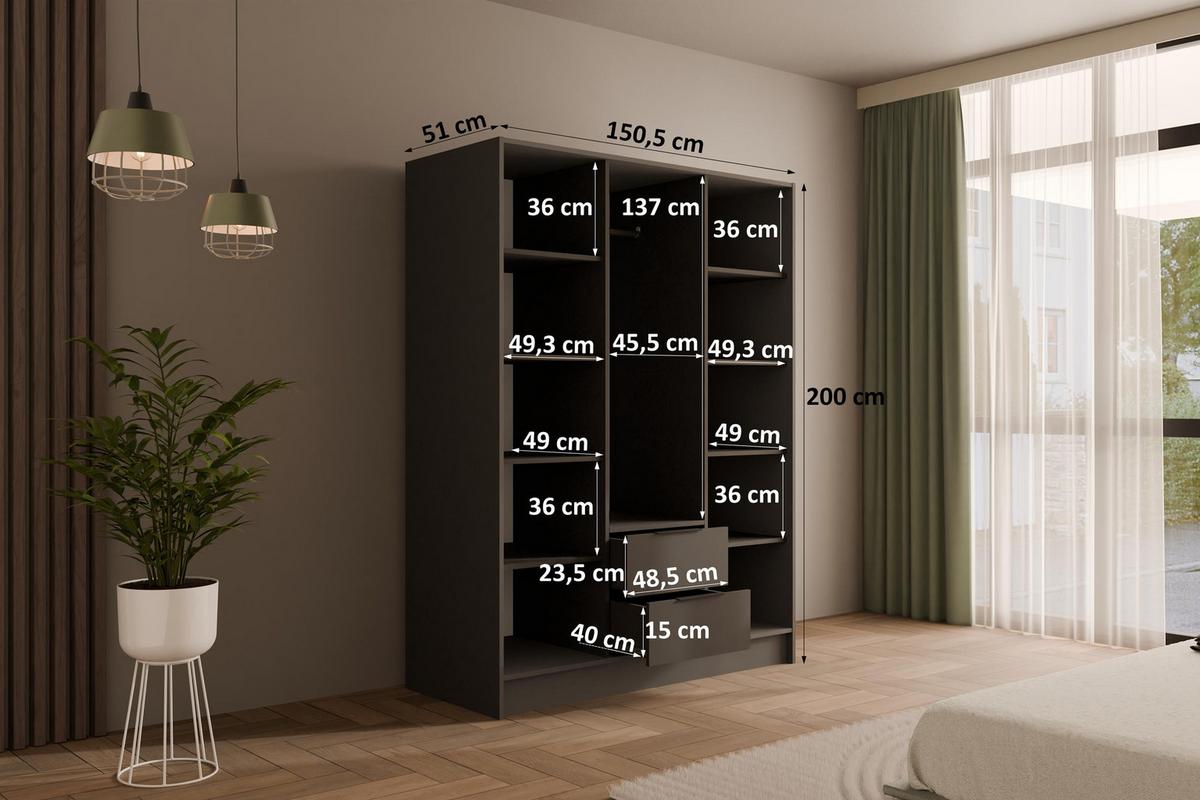 KLEIDERSCHRANK NELIA - 150 cm - Graphitfarben/Eiche Artisan, Holzwerkstoff (150/200/51cm) - ALTDECOR