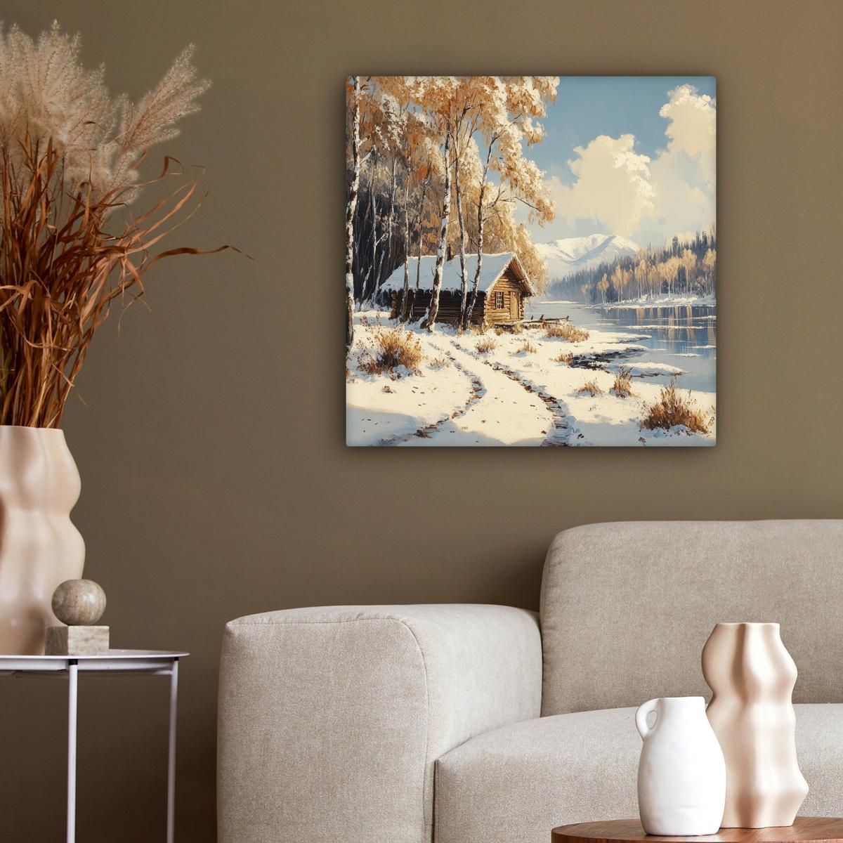 LEINWANDBILD Winter - Schnee - Zuhause - Natur Wandbild Wohnzimmer 50x50 cm - Hellbraun, Textil (50/50cm) - MuchoWow