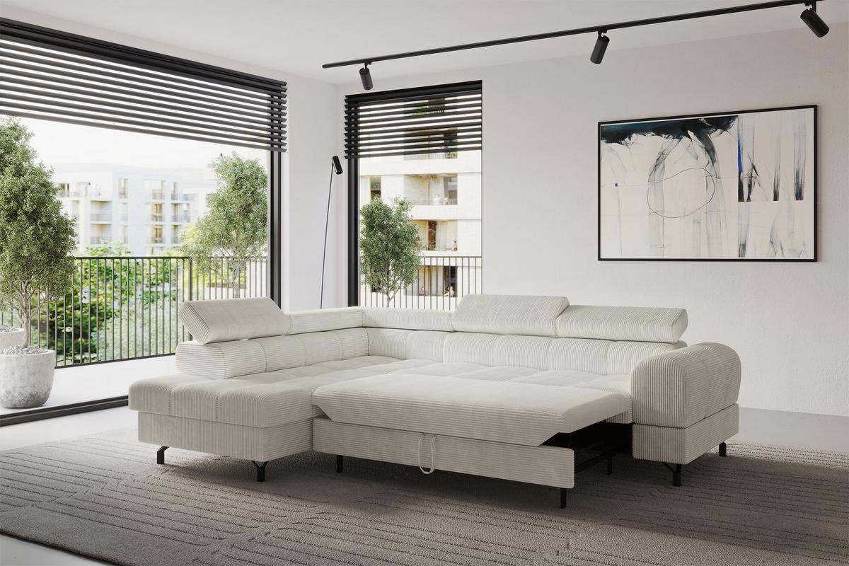 ECKSOFA mit Schlaffunktion Ottomane Links LUMA-L 272x203x70 Creme Cord - Schwarz/Mokka, Holzwerkstoff/Kunststoff (272/203cm) - ALTDECOR