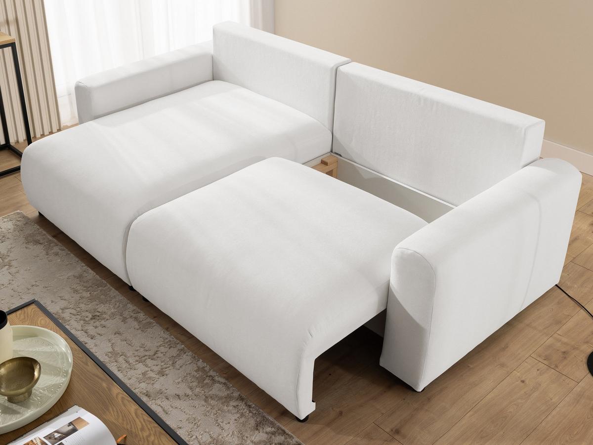 ECKSOFA Calma mit Schlaffunktion und Bettkasten im Bumpy-Design aus weichem Creme Webstoff - Ottomane links - Creme/Schwarz, Holz/Kunststoff (239/140cm) - S-Style