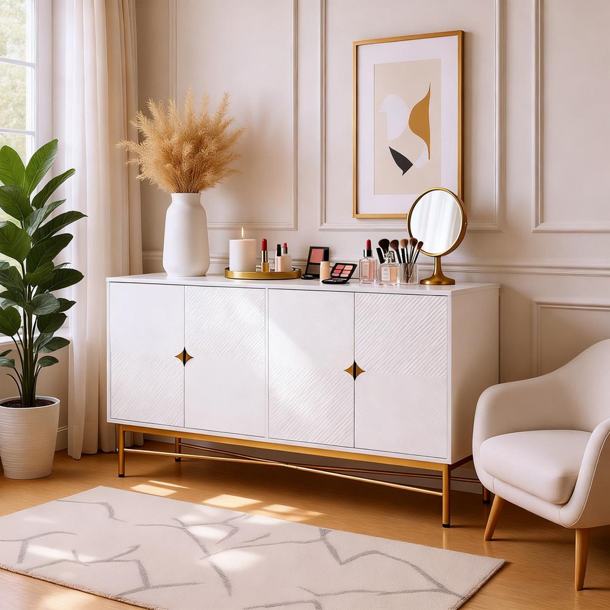 SIDEBOARD weiß & gold, erhabene textur & 4 türen - Weiß, Holzwerkstoff (160/82/40cm) - Urban Meuble