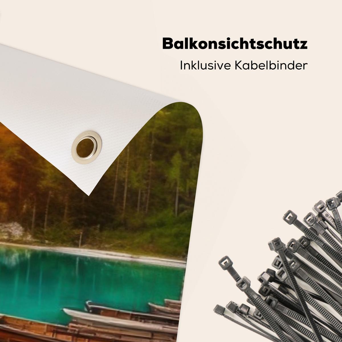 BALKON-SICHTSCHUTZ See - Berge - Sonnenuntergang - Boot Windschutz 300x90 cm - Petrol, Kunststoff (300/90cm) - MuchoWow