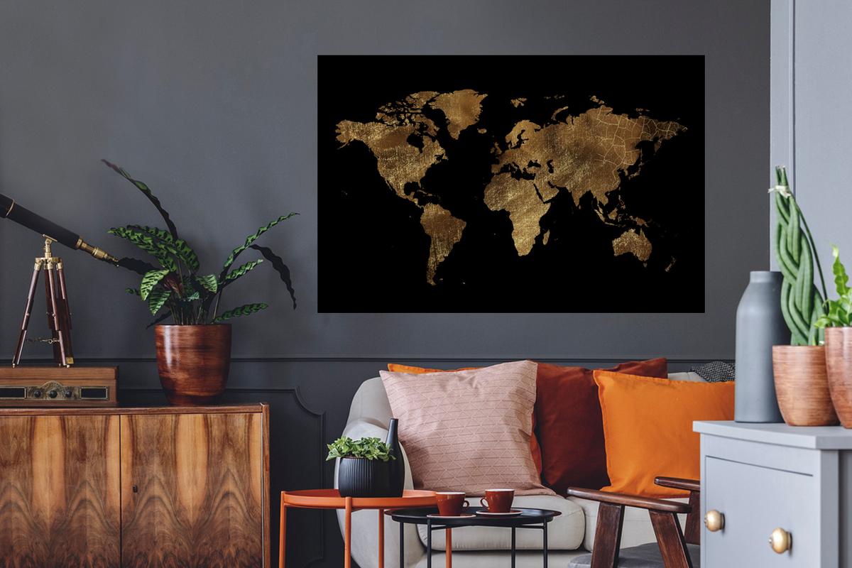 WANDTATTOO Weltkarte - Gold - Luxus - Erde - Schwarz Wandsticker 120x80 cm - Goldfarben, Kunststoff (120/80/0.1cm) - MuchoWow