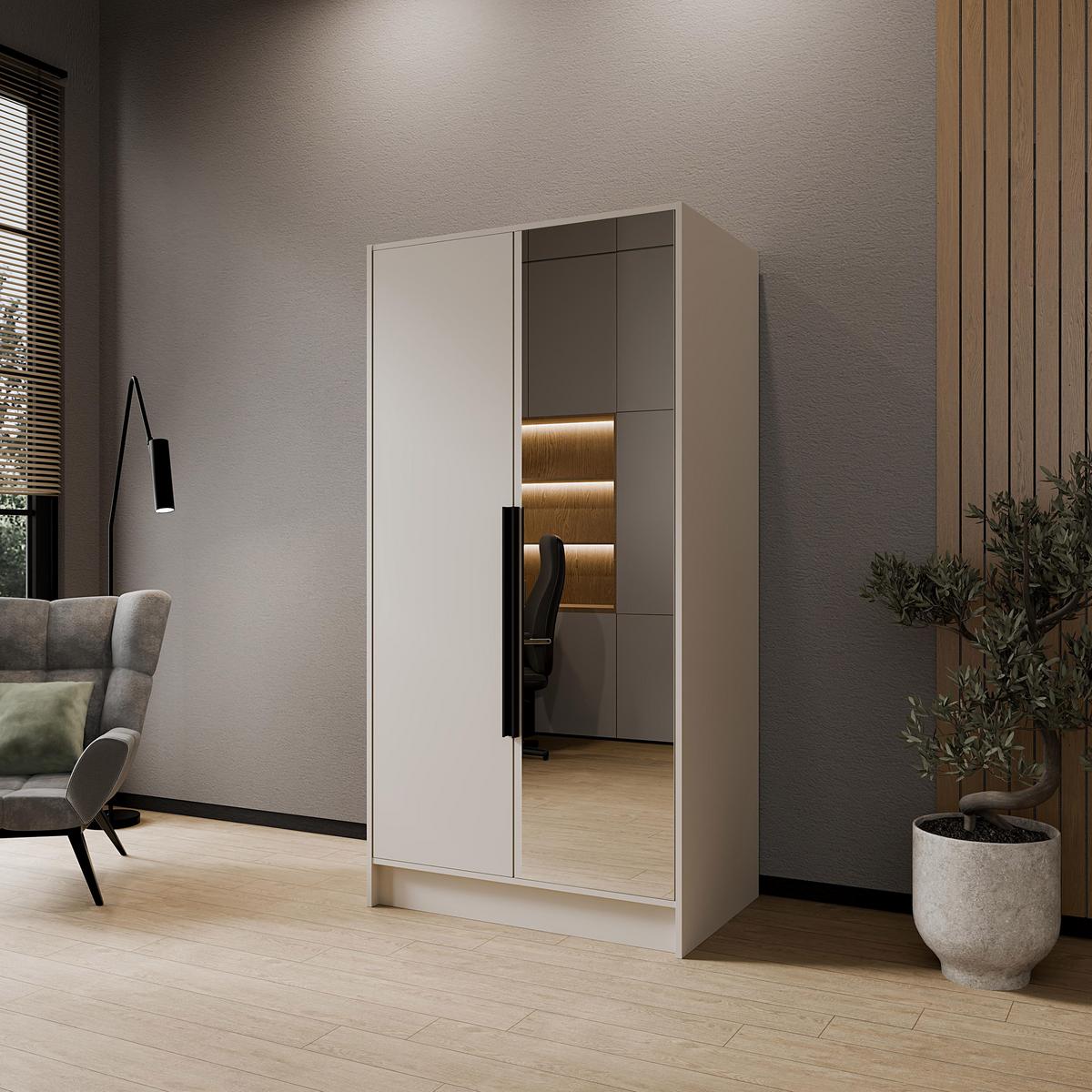 DREHTÜRENSCHRANK Laro mit Spiegel, Kaschmir mit mit schwarzen Griffen, 100 cm - Kaschmir, Holzwerkstoff (100/200/51cm) - Beautysofa