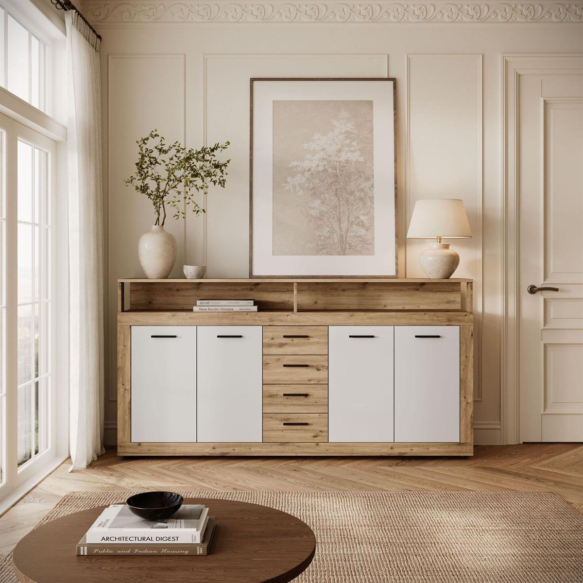 KOMMODE ROMANO mit Schubladen - Eiche Artisan/Weiß, Holzwerkstoff (190/96/32cm) - Lookway