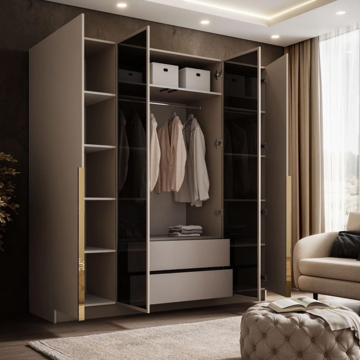 VIERTÜRIGER Schrank ATRIUM II mit Glasfront - Kaschmir, Holzwerkstoff (200/210/57cm) - Lookway