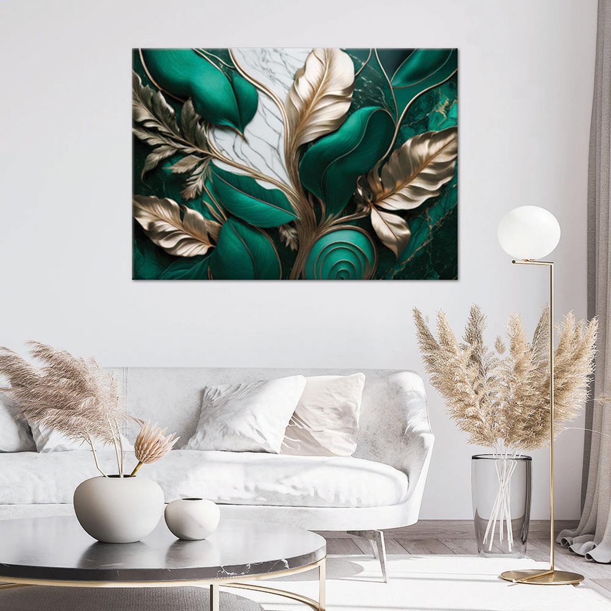 LEINWANDBILD Blätter im Gold Glamour Loft-Stil 60x40cm - Grün, Textil (60/40cm) - Feeby