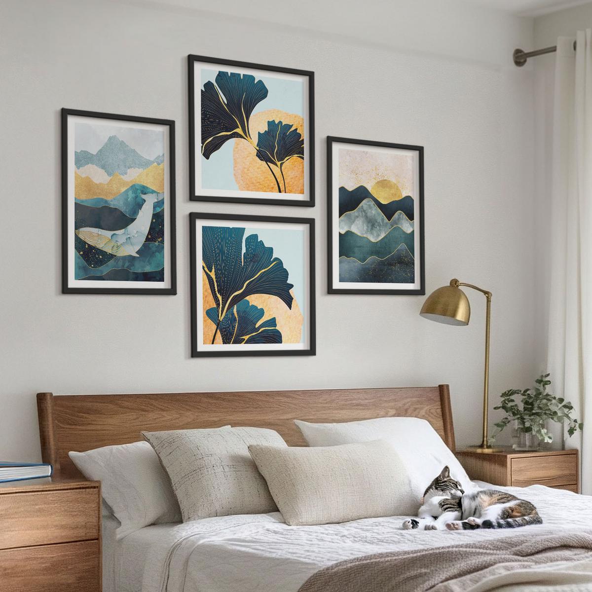 BILDER SET 4er Set - 50x50 cm & 40x60 cm Schwarzer Rahmen - Abstrakte ästhetische Berge - Schwarz, Kunststoff (50/50cm) - TULUP