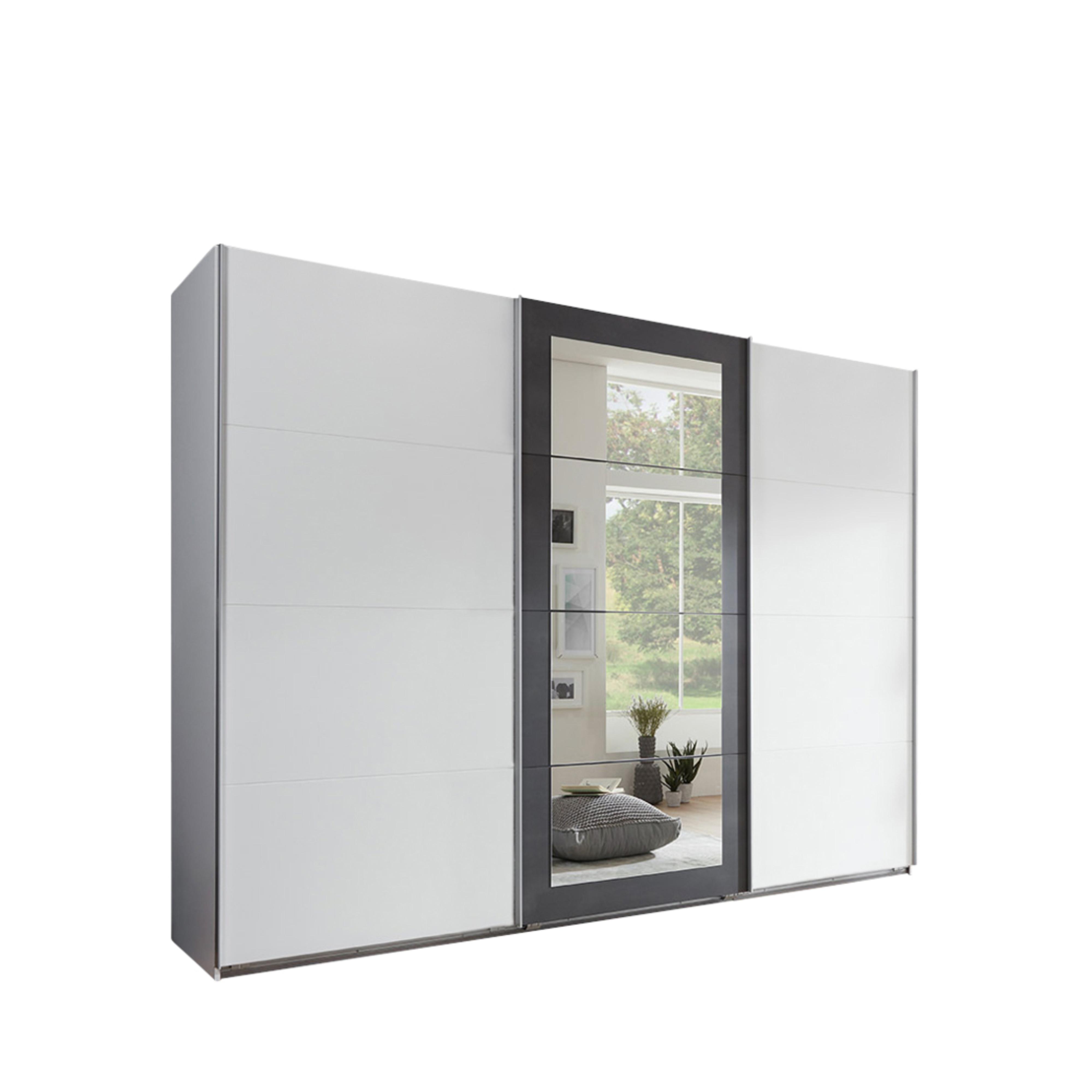SCHWEBETÜRENSCHRANK 3-türig B270/H208/T65 cm, Kleiderschrank in Weiß, Mitteltür in grauer Stahl-Optik / 22003 - Alufarben/Schwarz, Holzwerkstoff/Metall (270/208/65cm) - luma-home