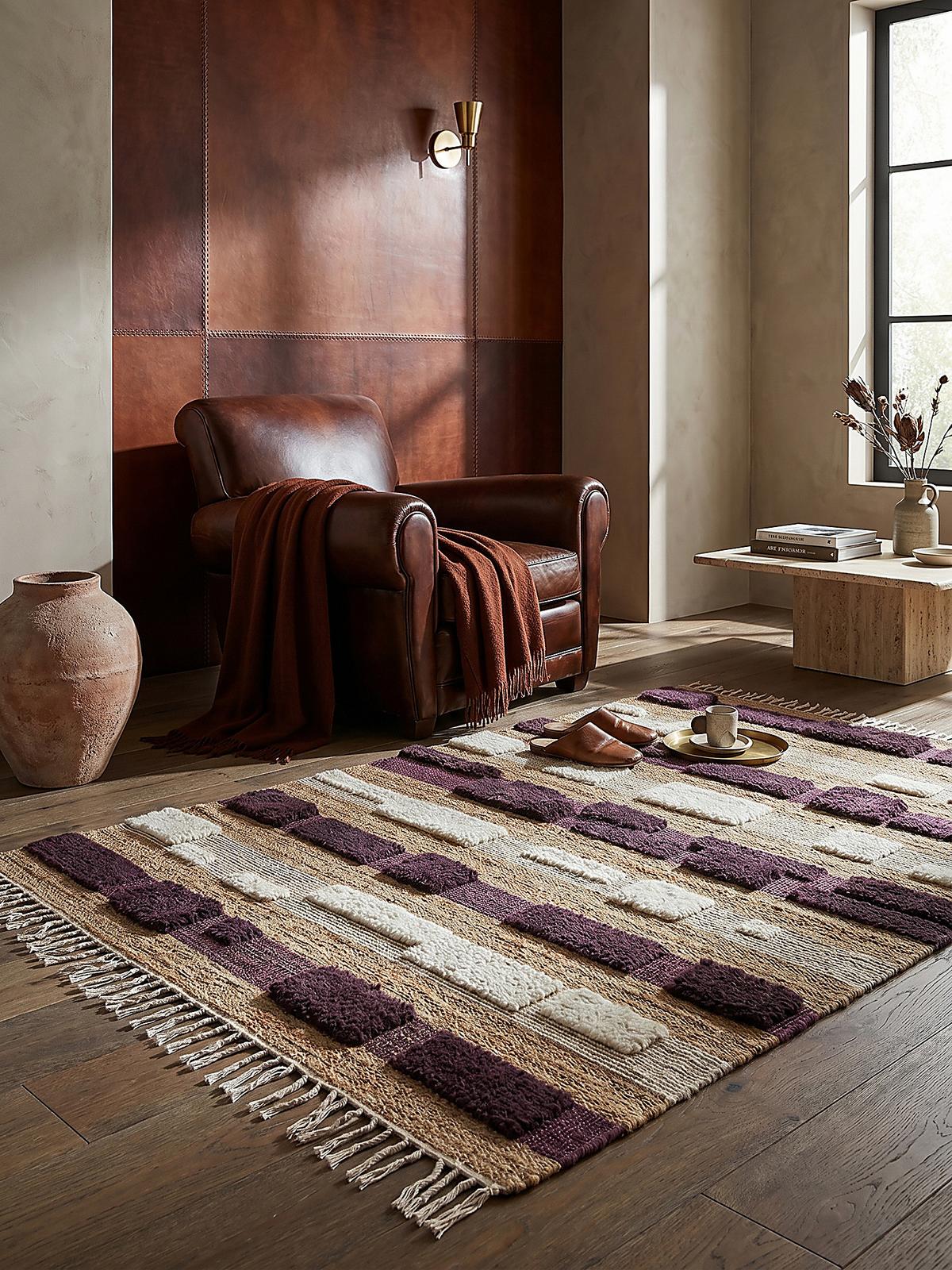 JUTETEPPICH handgewebt mit Fransen WHARFE, im Patchwork-Stil, Natur-Lila, 120 x 170 cm - Lila, Textil (170/120cm) - KADIMA DESIGN