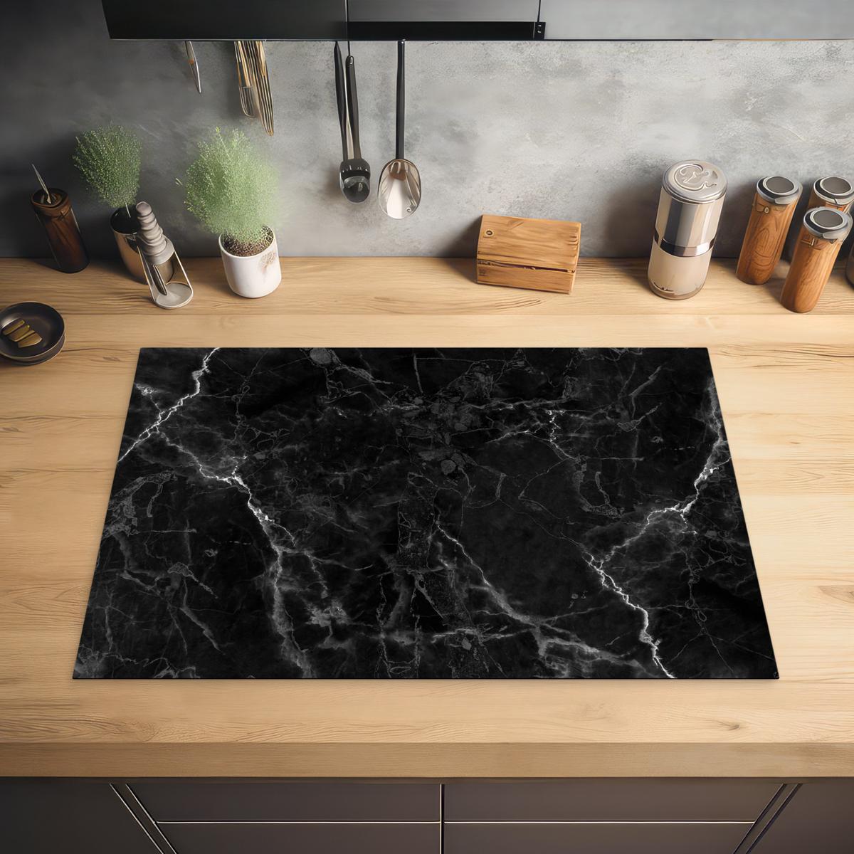 HERDABDECKPLATTE Marmor - Schwarz - Weiß - Textur - Marmoroptik Induktionsmatte 77x51 cm - Silberfarben, Kunststoff (77/51/0.2cm) - MuchoWow
