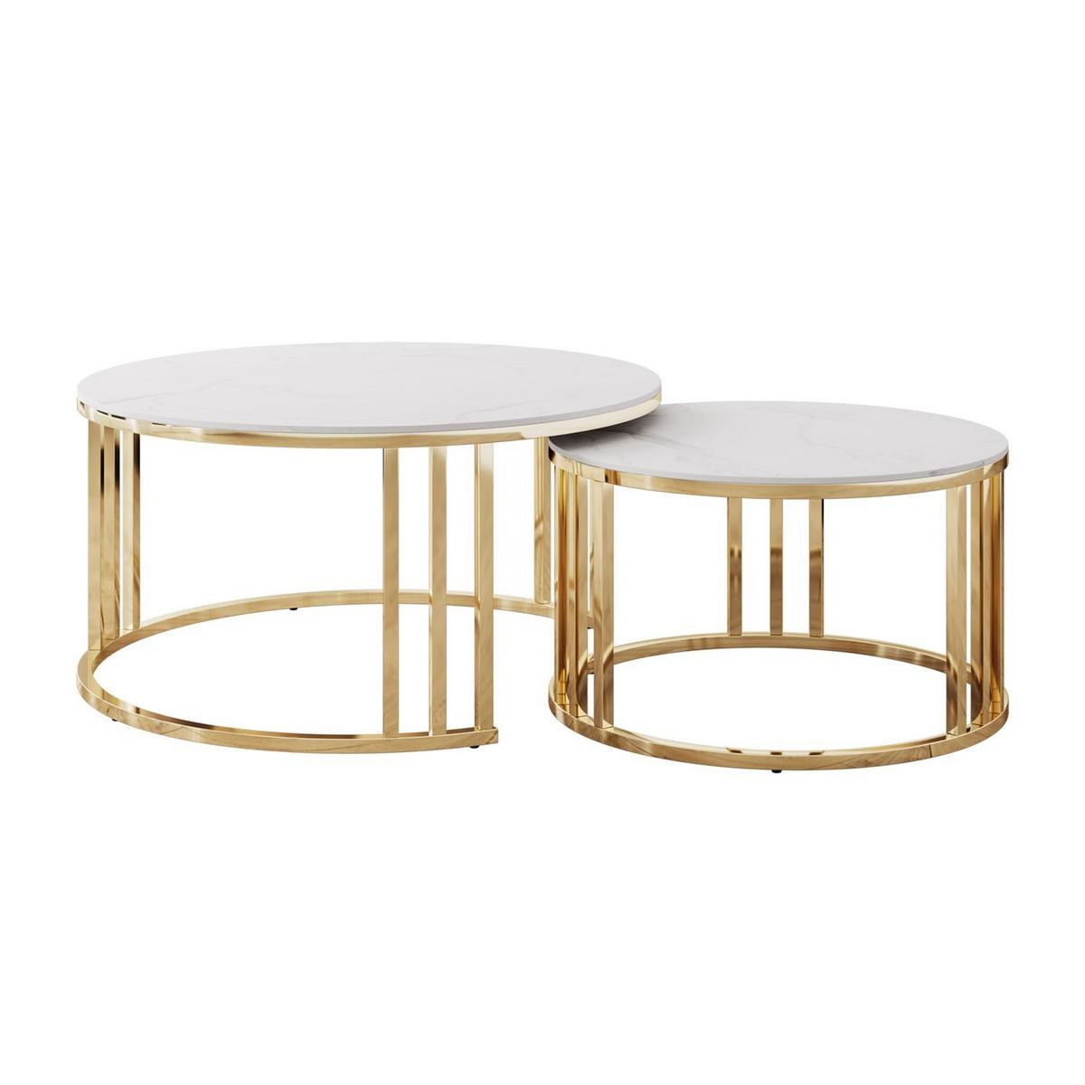 COUCHTISCH LIRA 2in1 mit goldenem Gestell und Marmorplatte - Weiß, Metall (80/80/40cm) - Lookway