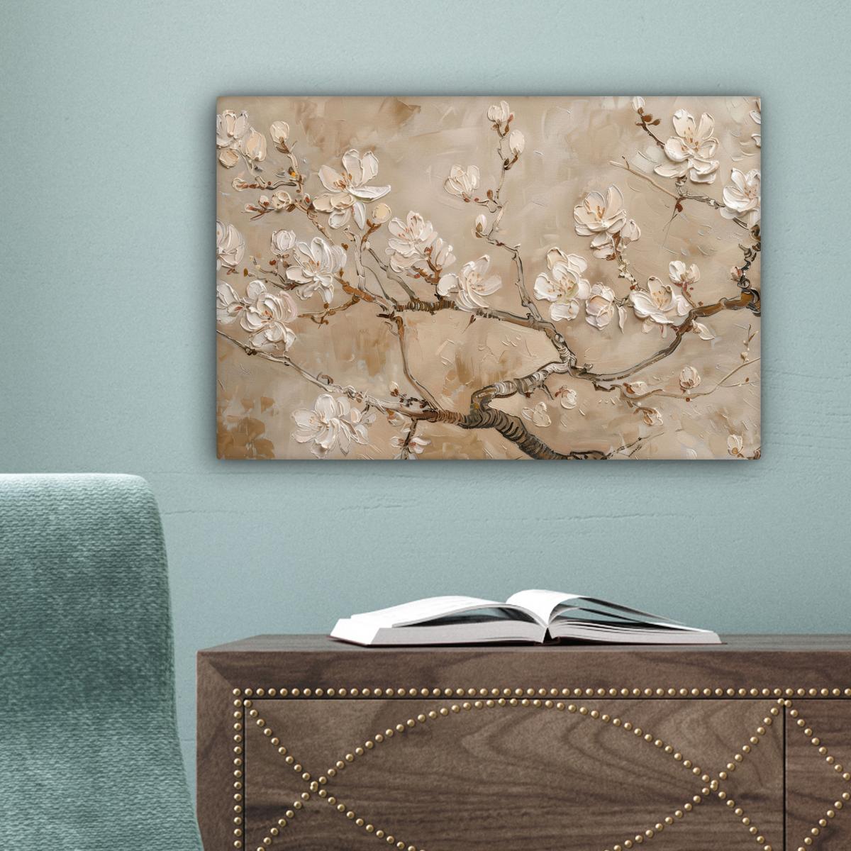 LEINWANDBILD Blumen - Modern - Beige - Weiß - Blüte Deko Schlafzimmer 30x20 cm - Beige, Textil (30/20cm) - MuchoWow