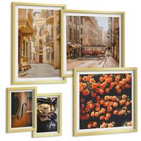 BILDER SET 5er Set - 50x50 cm & 20x30 cm & 40x60 cm Goldrahmen - Vintage Blumen Straße Wein Geige - Goldfarben, Kunststoff (40/60cm) - TULUP