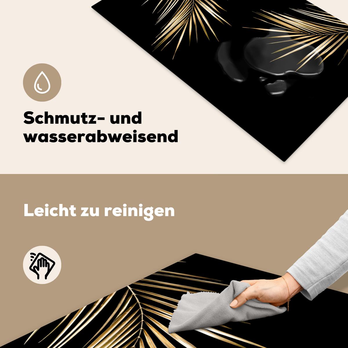 HERDABDECKPLATTE Blätter - Pflanzen - Gold - Schwarz - Luxus Ceranfeldabdeckung 90x52 cm - Goldfarben, Kunststoff (90/52/0.2cm) - MuchoWow