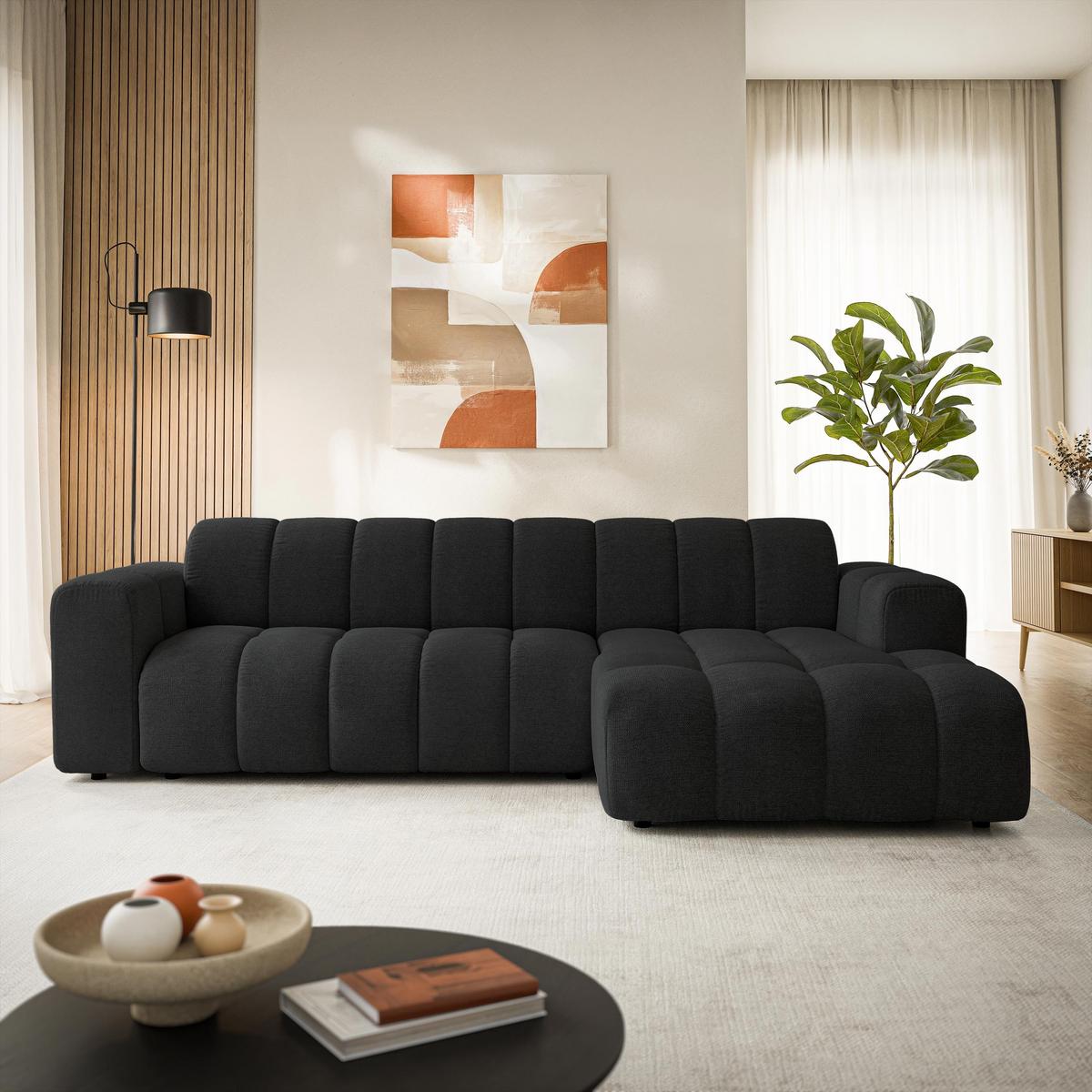ECKSOFA SETIA Schwarz Strukturstoff mit Schlaffunktion - Schwarz, Holz (304/165cm) - MASSENO
