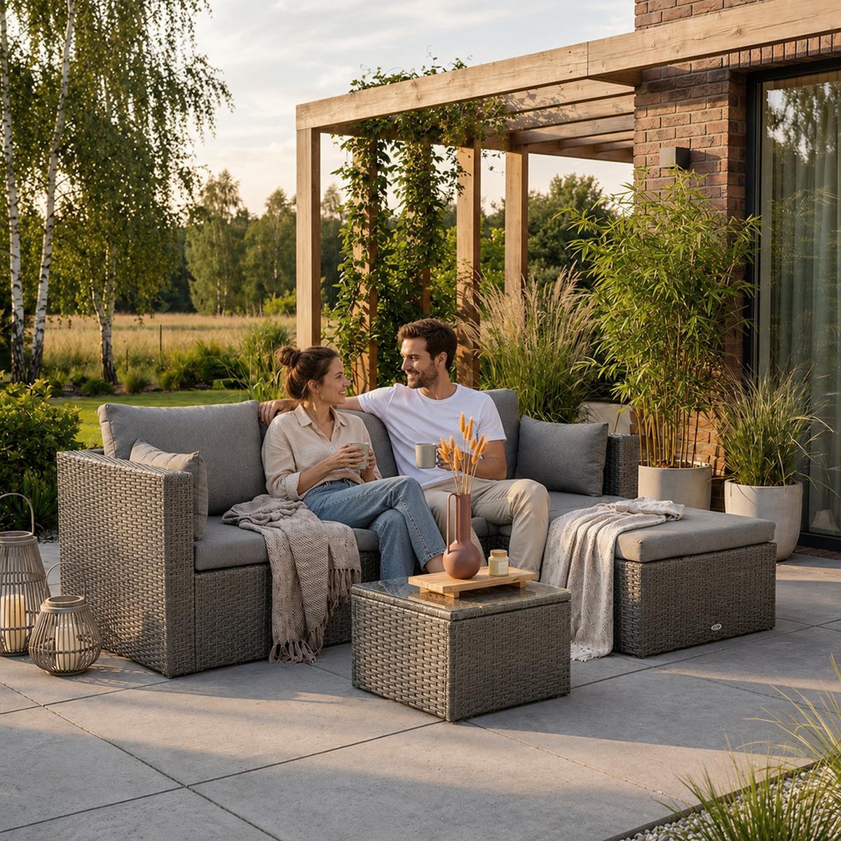 GARTENSET Sevilla, aus Technorattan, Ecksofa mit Couchtisch, Graphitfarben - Graphitfarben, Kunststoff - Beautysofa
