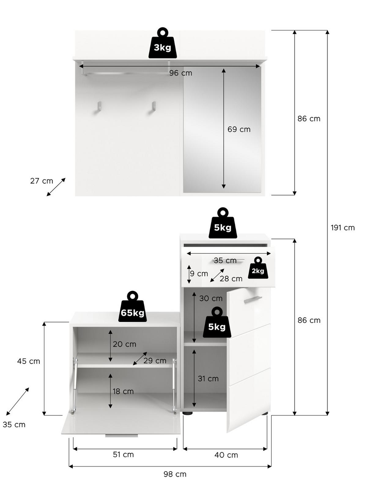 GARDEROBE Set 3-teilig weiß Hochglanz, Flurgarderobe kompakt, Komplett-Set Breite 98 cm - Weiß Hochglanz/Silberfarben, Holzwerkstoff/Kunststoff (98/190/191cm) - Inn.Furn