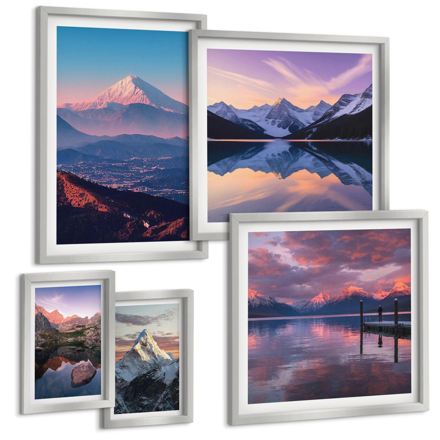BILDER SET 5er Set - 50x50 cm & 20x30 cm & 40x60 cm Silberner Rahmen - Nachtstadt mit Neonlichtern - Silberfarben, Kunststoff (40/60cm) - TULUP