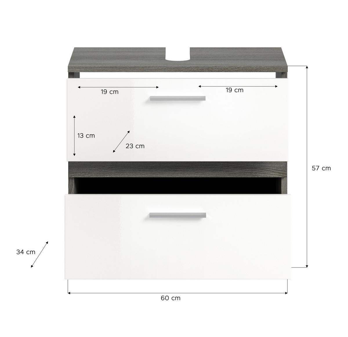 WASCHBECKENUNTERSCHRANK weiß Hochglanz, grau 60 cm, mit Schubkästen - Weiß Hochglanz/Schwarz, Holzwerkstoff/Kunststoff (60/57/34cm) - Inn.Furn