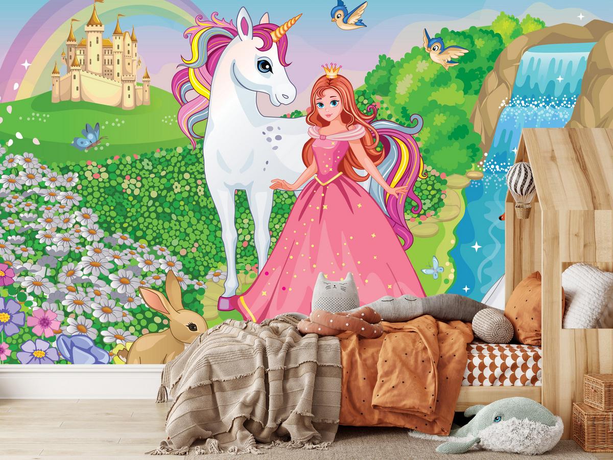 FOTOTAPETE für Kinderzimmer Prinzessin Einhorn Schloss Wasserfall Blumen 300x210 - Blau/Gelb, Papier (300/210cm) - Muralo