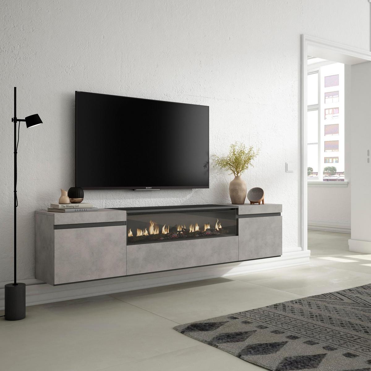 TV-SCHRANK mit Elektrokamin, zementgrau, Hängend, 200/35/45cm - Hellgrau/Grau, Holzwerkstoff (200/45/35cm) - Skraut Home