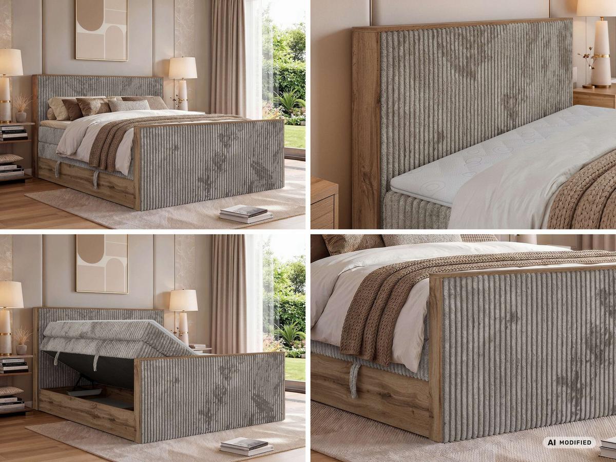 BOXSPRINGBETT WOOD KING DUO 140/200 - Hellbraun Cord - Topper Visco - H4 - Hellbraun/Schwarz, Kunststoff/Textil (140/200cm) - MKS