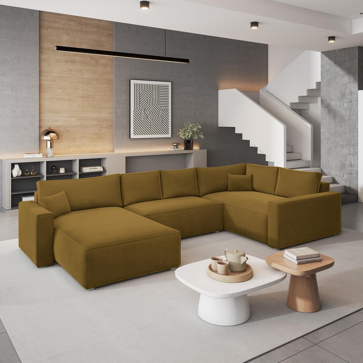 WOHNLANDSCHAFT VELAMI R-S Gelb Velours-Stoff mit Schlaffunktion - Gelb, Holz (365/83/194cm) - MASSENO