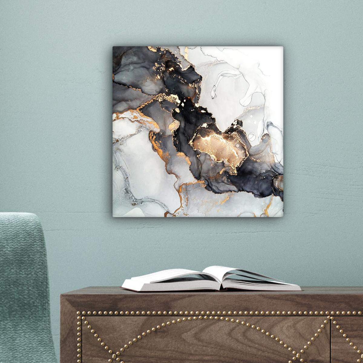 LEINWANDBILD Marmor - Schwarz - Weiß - Gold - Luxus - Abstrakt Deko Wohnzimmer 20x20 cm - Goldfarben, Textil (20/20cm) - MuchoWow